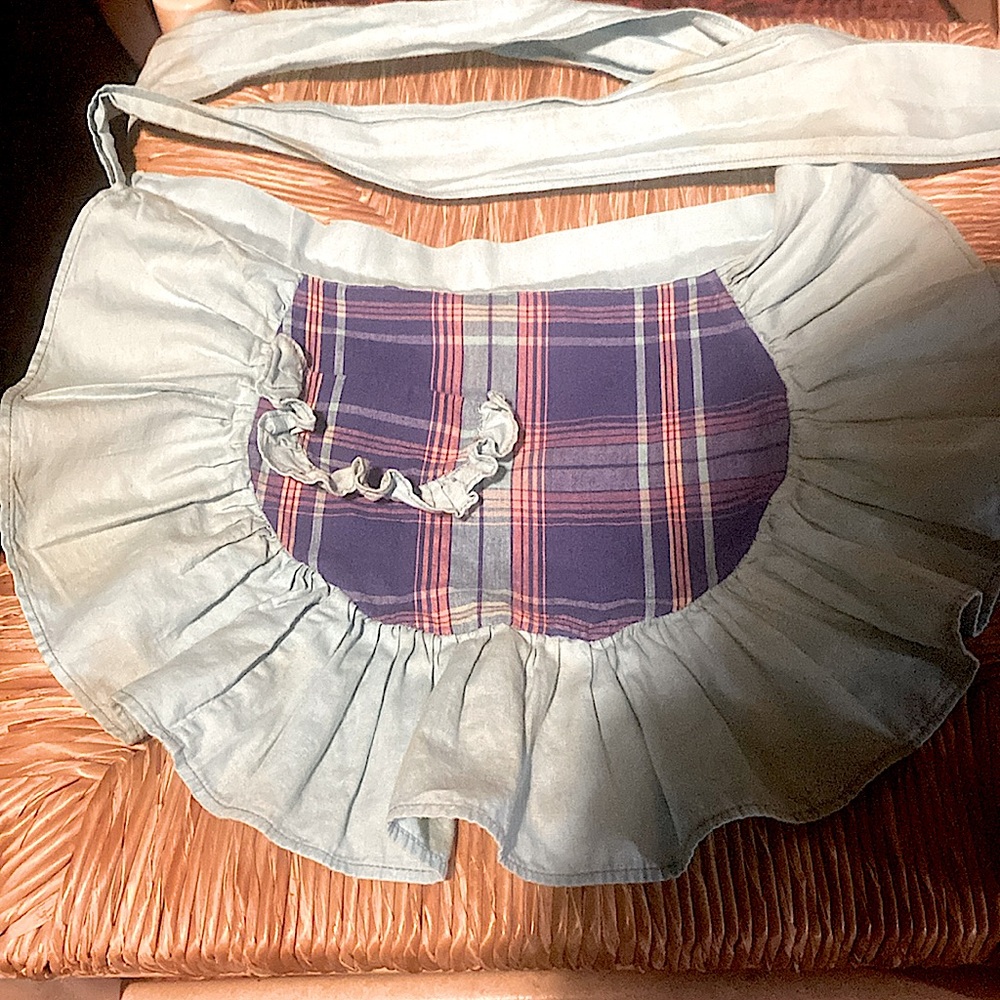 3/$15. Vintage homemade child’s green and plaid Apron